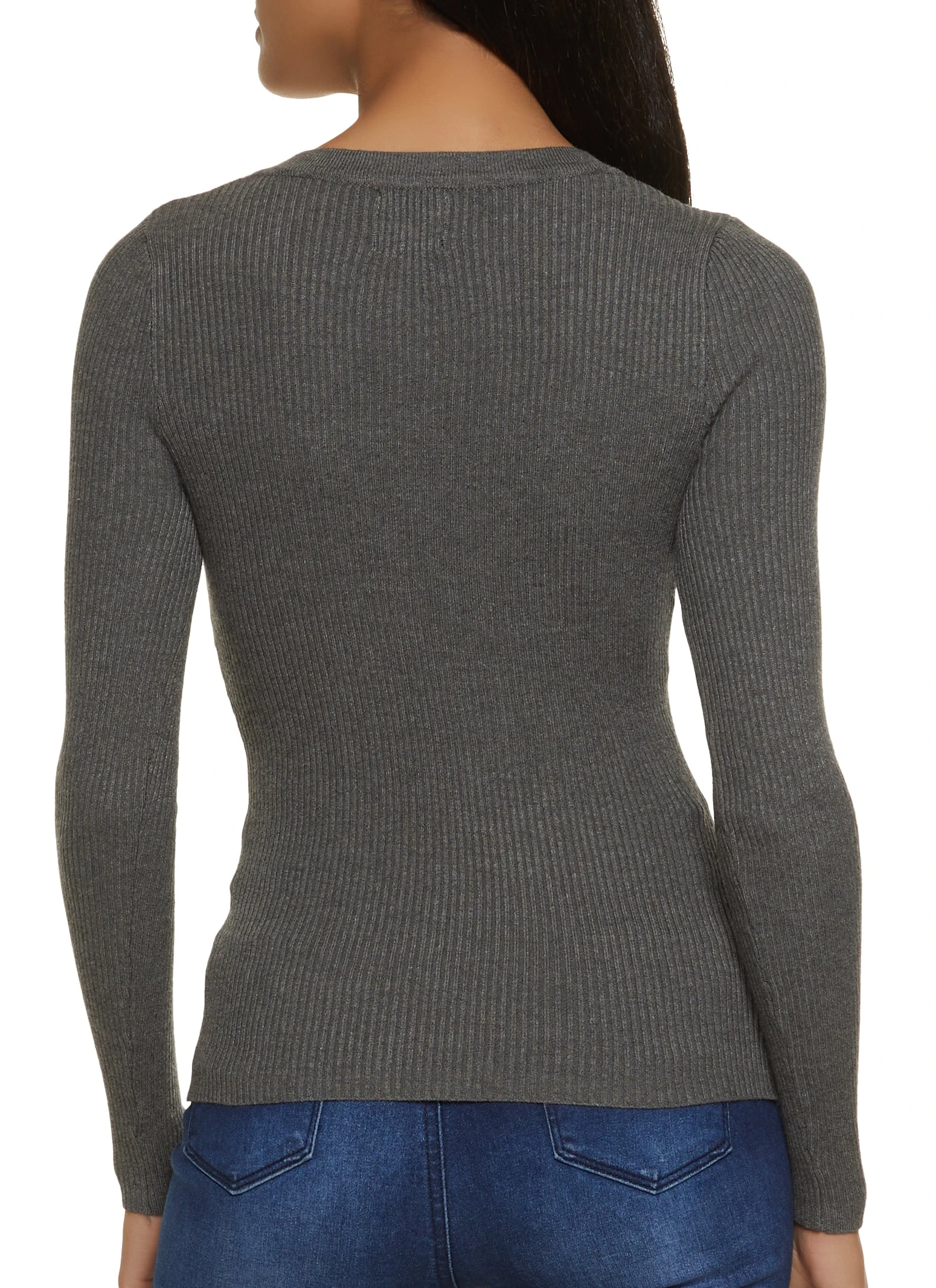 Snap Button V Neck Ribbed Knit Sweater - Image 2