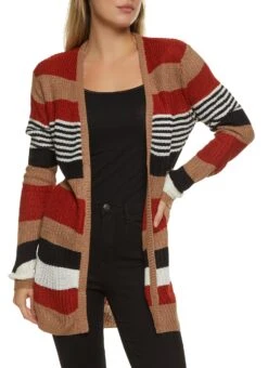 Striped Open Front Long Cardigan