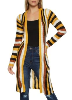 Knitted Striped Long Cardigan