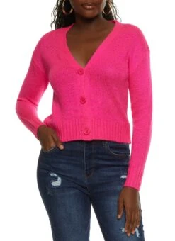 Solid Cable Knit Button Front Cropped Cardigan