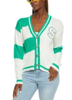 S Initial Chenille Patch Color Block Cardigan