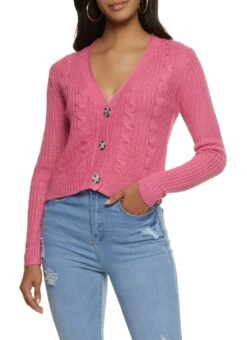 Solid Cable Knit Cropped Cardigan
