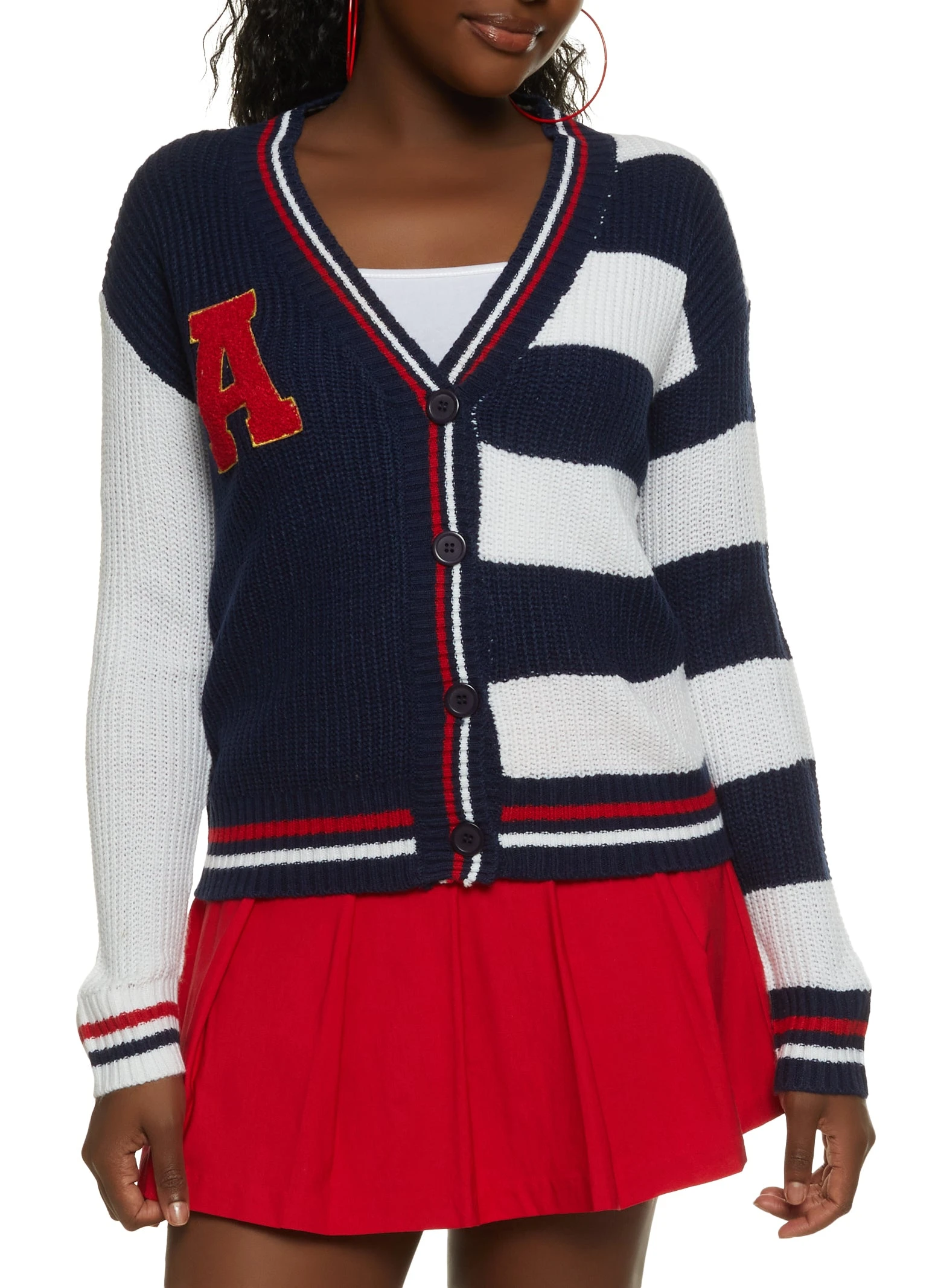 A Initial Chenille Patch Color Block Cardigan