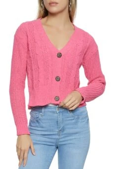 Cable Knit Button Front Cropped Cardigan