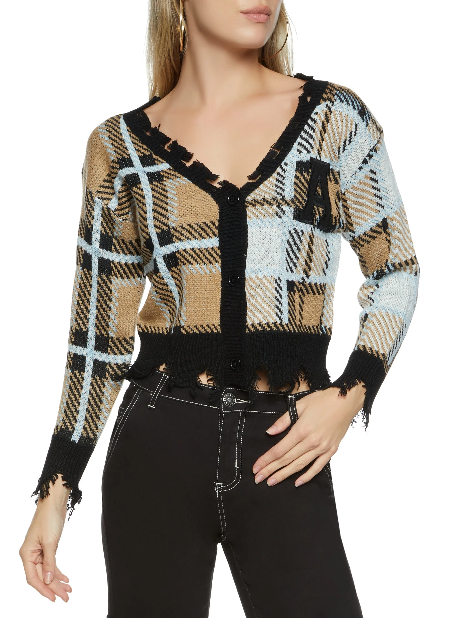 Cropped Plaid Patch Distressed Cardigan