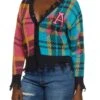 Color Block Plaid Patch Distressed Cardigan