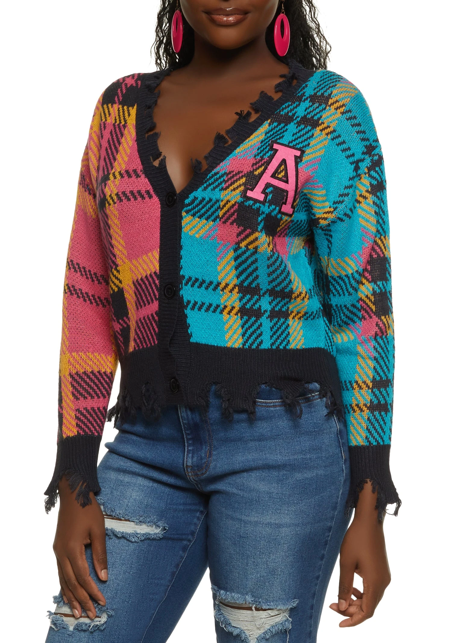 Color Block Plaid Patch Distressed Cardigan