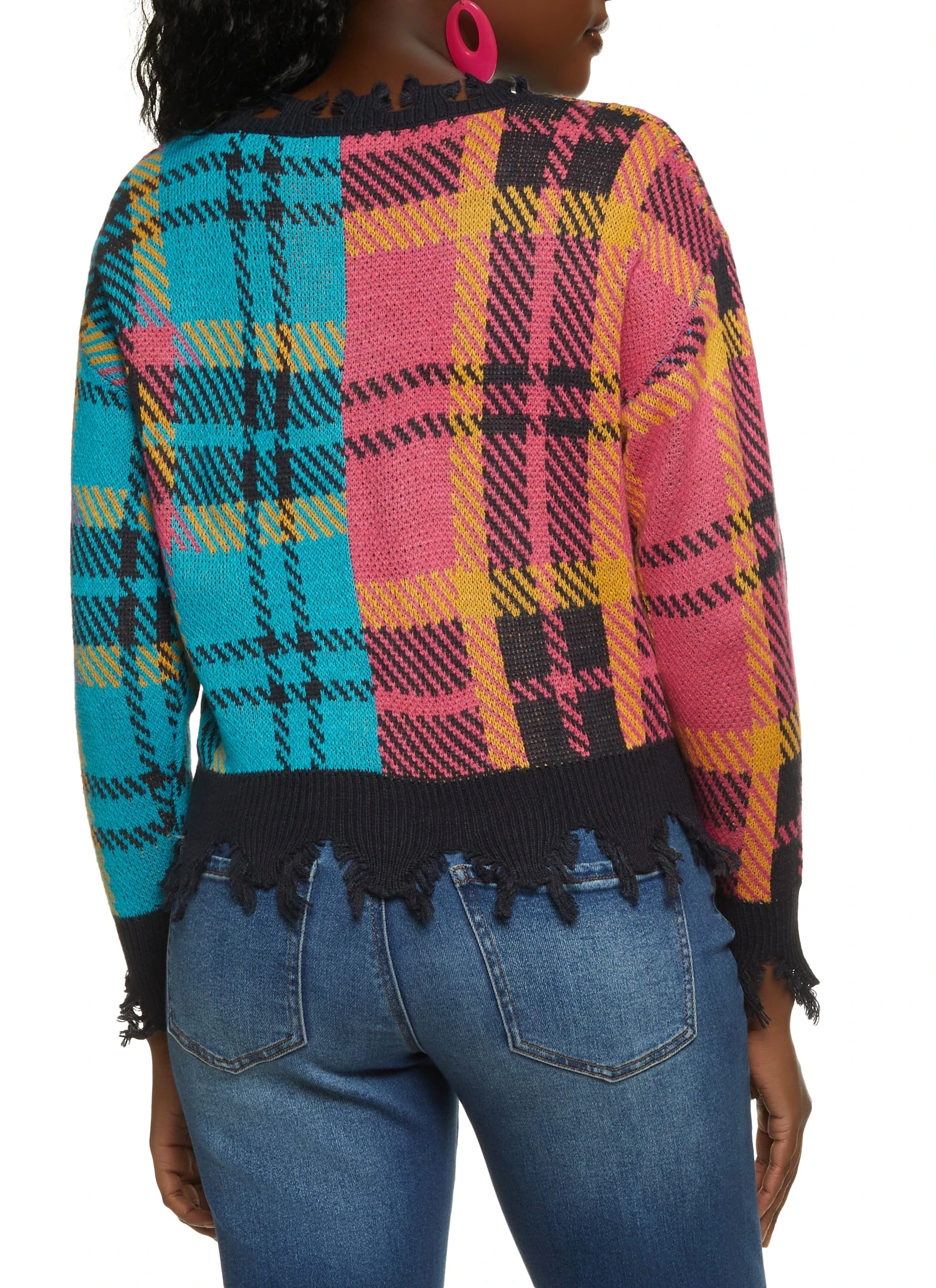 Color Block Plaid Patch Distressed Cardigan - Image 2