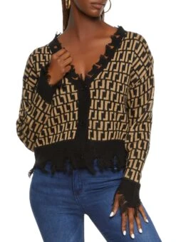 Geometric Print Distressed Hem Cardigan