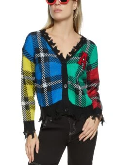 Plaid Patch Distressed Cardigan