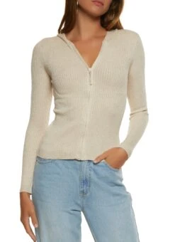 Ribbed Knit Zip Front Hooded Sweater
