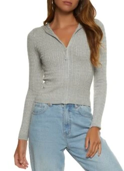 Cable Knit Zip Front Hooded Sweater