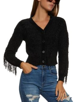 Chenille Cable Knit Fringe Cardigan