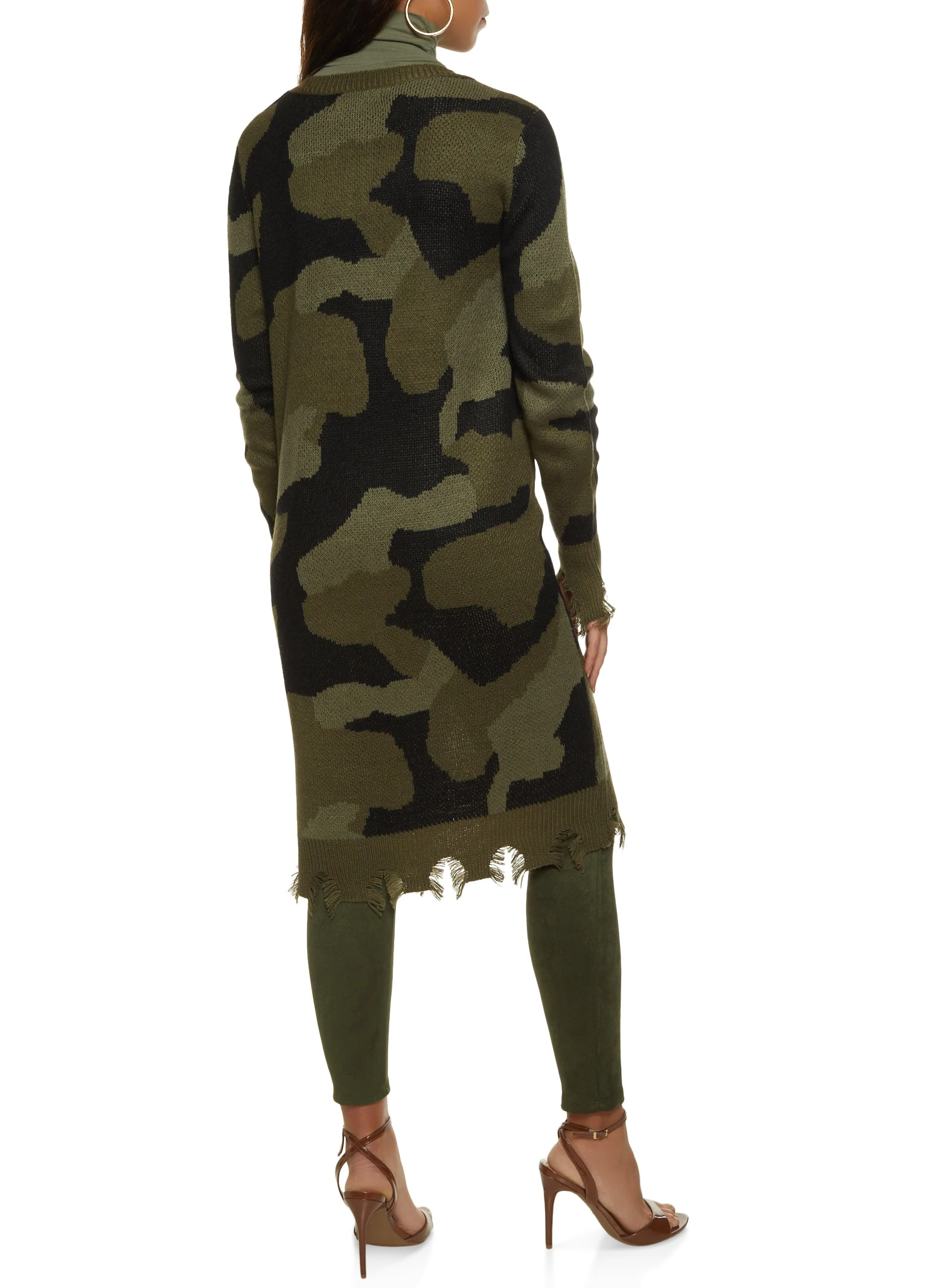 Camo Print Distressed Hem Long Cardigan - Image 2