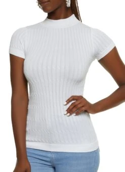 Seamless Cable Knit Mock Neck Short Sleeve Top