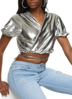 Puff Sleeve Cropped Wrap Top