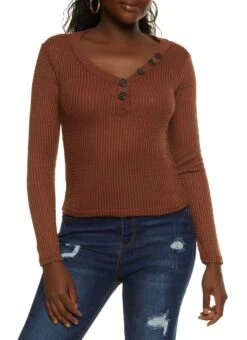 Waffle Knit Faux Button Detail Top