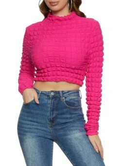 Bubble Knit Mock Neck Long Sleeve Crop Top