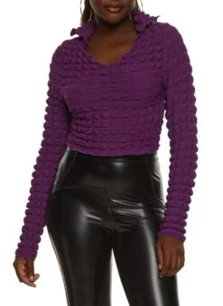 Bubble Knit Johnny Collar Crop Top