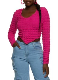 Bubble Knit Hanky Hem Long Sleeve Top