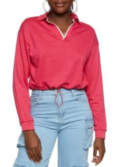 Contrast Trim Drawstring Hem Sweatshirt