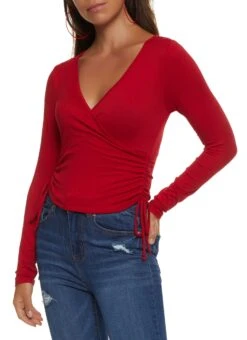 Ambiance Solid Ruched Long Sleeve Wrap Top