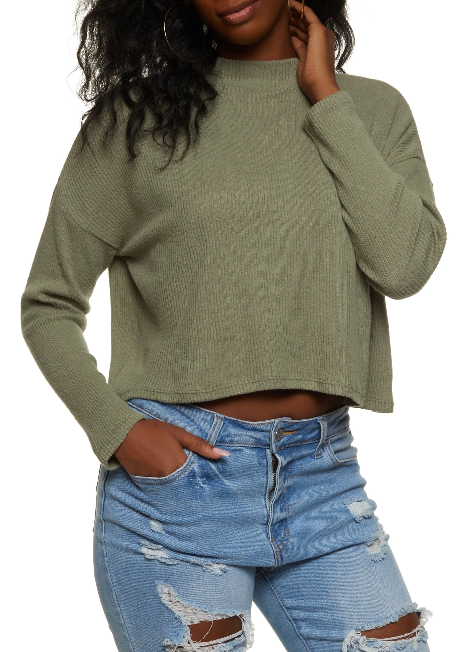 Ambiance Ribbed Brushed Knit Boxy Mock Neck Sweater