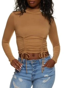 Ambiance Mock Neck Ruched Long Sleeve Crop Top