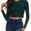 Ribbed Faux Pearl Trim Crop Top
