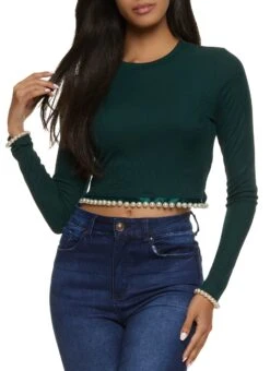 Ribbed Faux Pearl Trim Crop Top