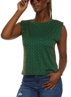 Patterned Padded Shoulder Sleeveless Top