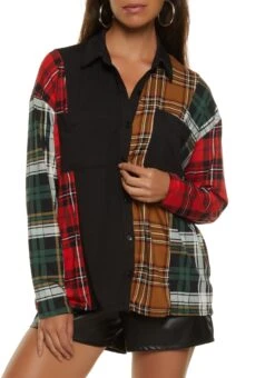 Plaid Color Blocked Button Down Shirt