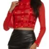 Ribbon Trim Long Sleeve Mesh Crop Top