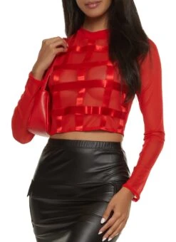 Ribbon Trim Long Sleeve Mesh Crop Top