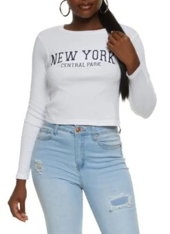 Ribbed New York Embroidered Crop Top