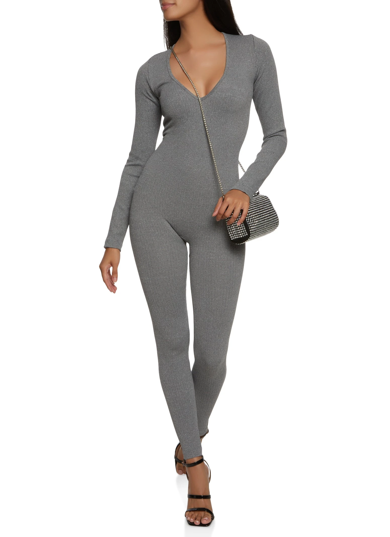 Ribbed Long Sleeve V Neck Jumpsuit