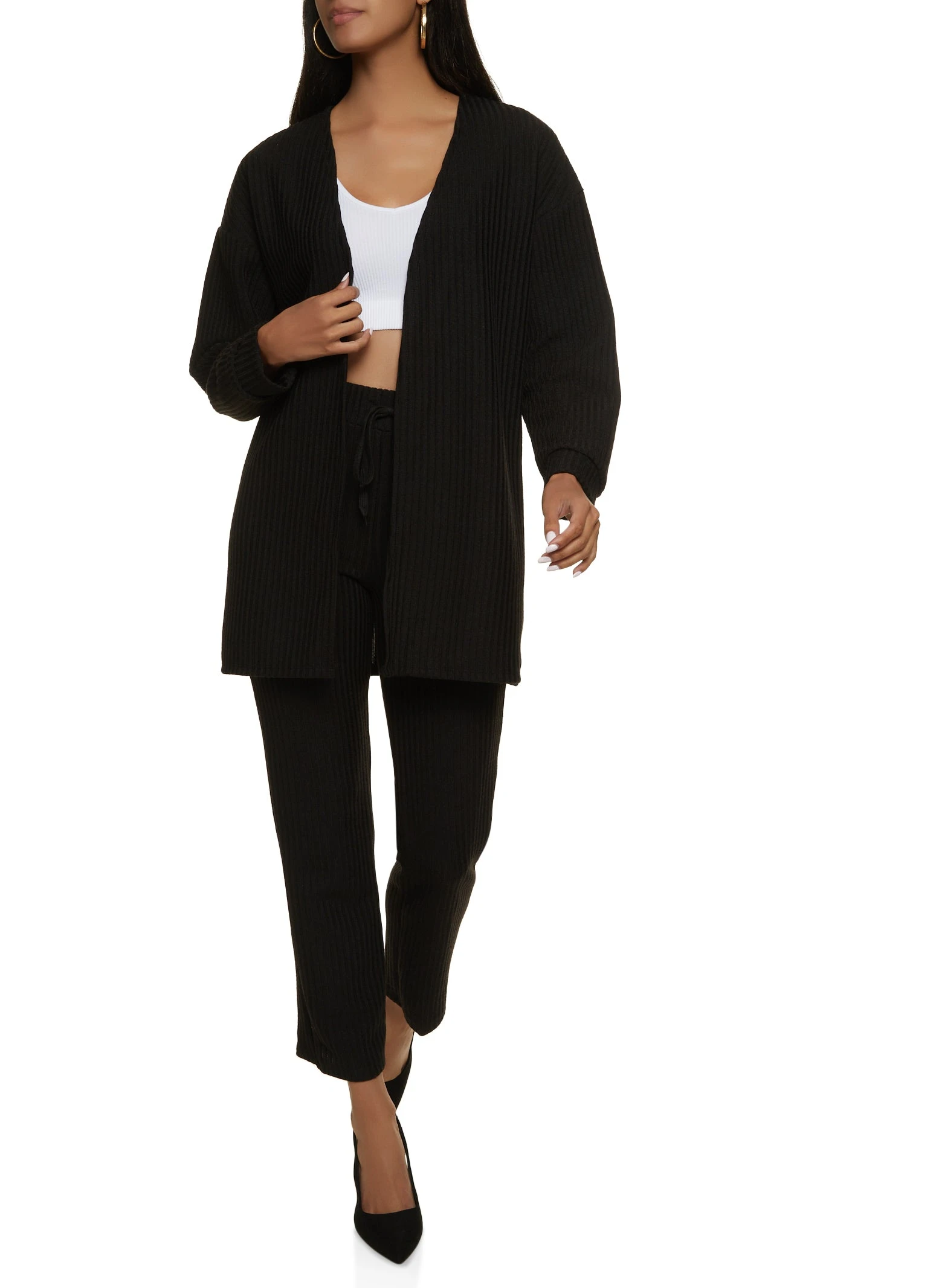 Solid Ribbed Knit Cardigan - Image 2