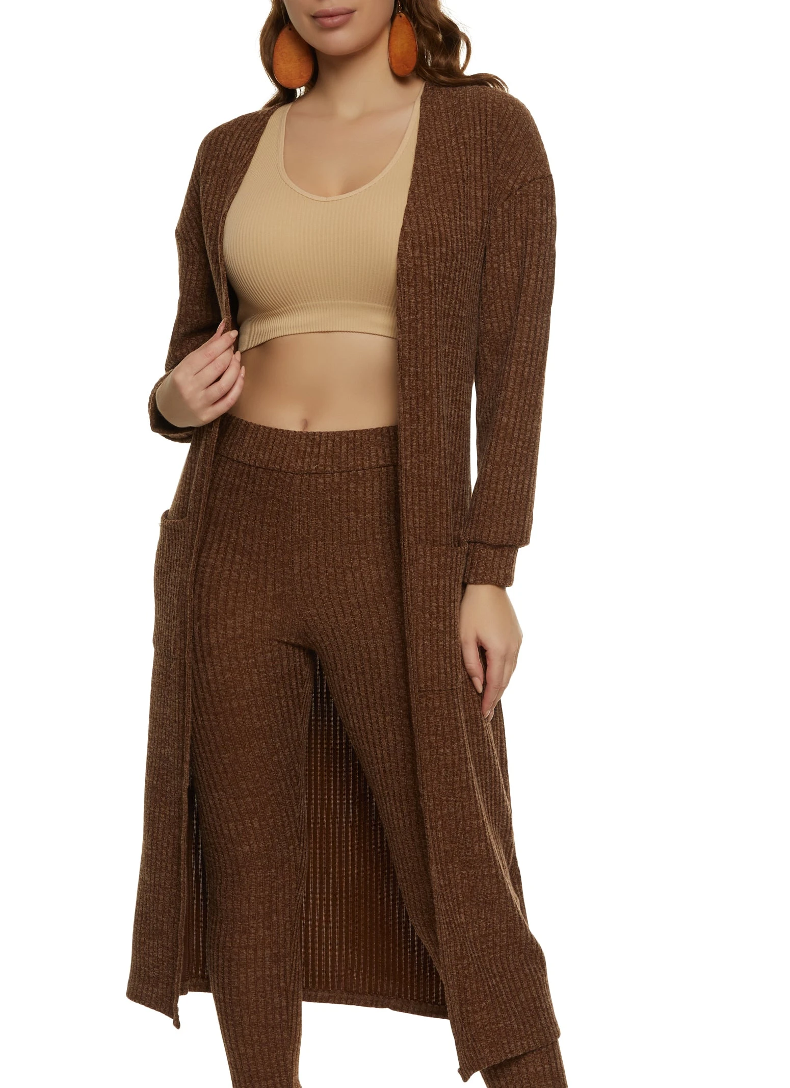 Ribbed Knit Open Front Long Cardigan