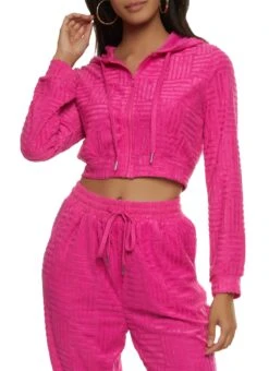 Terry Cloth Zip Front Cropped Hooded Sweatshirt