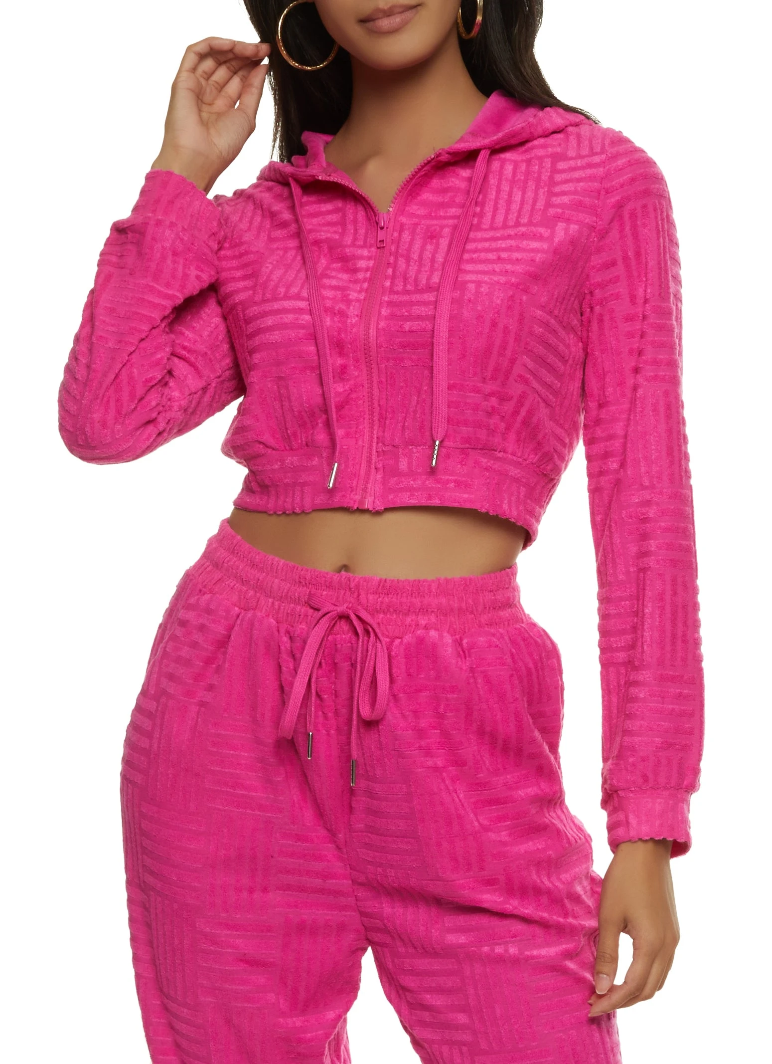 Terry Cloth Zip Front Cropped Hooded Sweatshirt