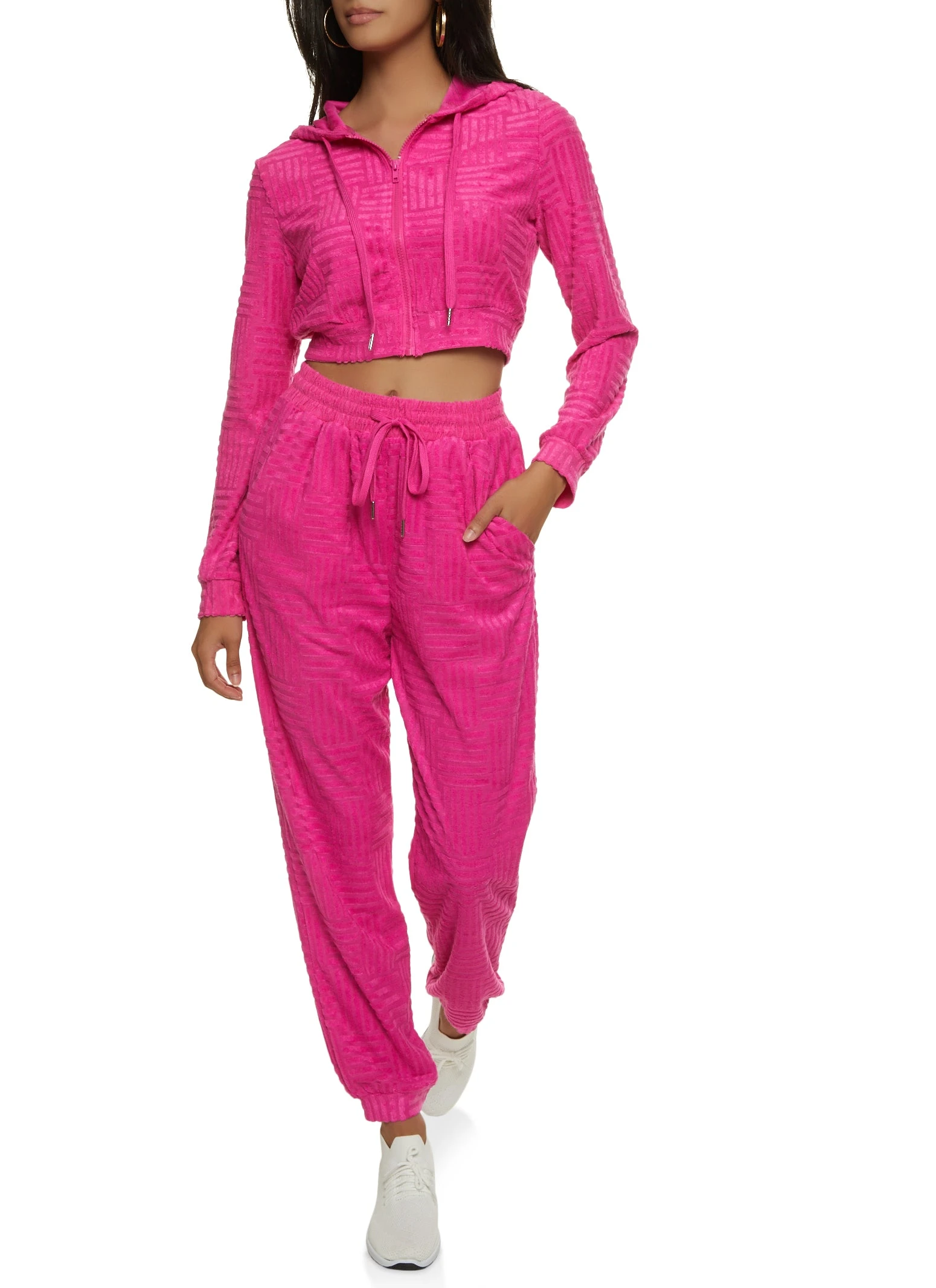 Terry Cloth Zip Front Cropped Hooded Sweatshirt - Image 2