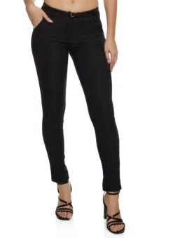 Solid Belted Skinny Dress Pants