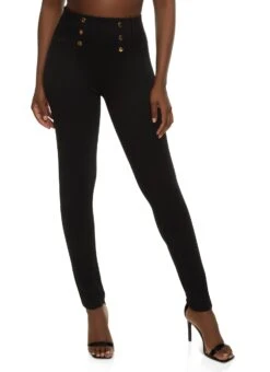 Ponte Button Detail Pull On High Waist Pants