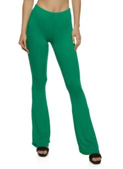 Ribbed Knit High Waist Flare Leg Pants
