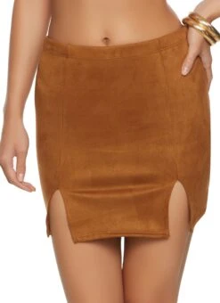 Faux Suede Solid Split Hem Mini Skirt