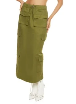 Toggle Drawstring Waist Cargo Maxi Skirt