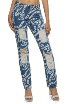 Distressed Chain Print Straight Jeans