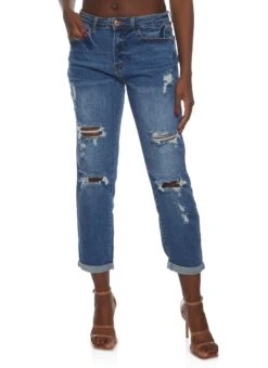 WAX Distressed Roll Cuff Boyfriend Jeans
