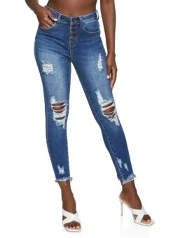 WAX 5 Button Frayed Hem Skinny Jeans