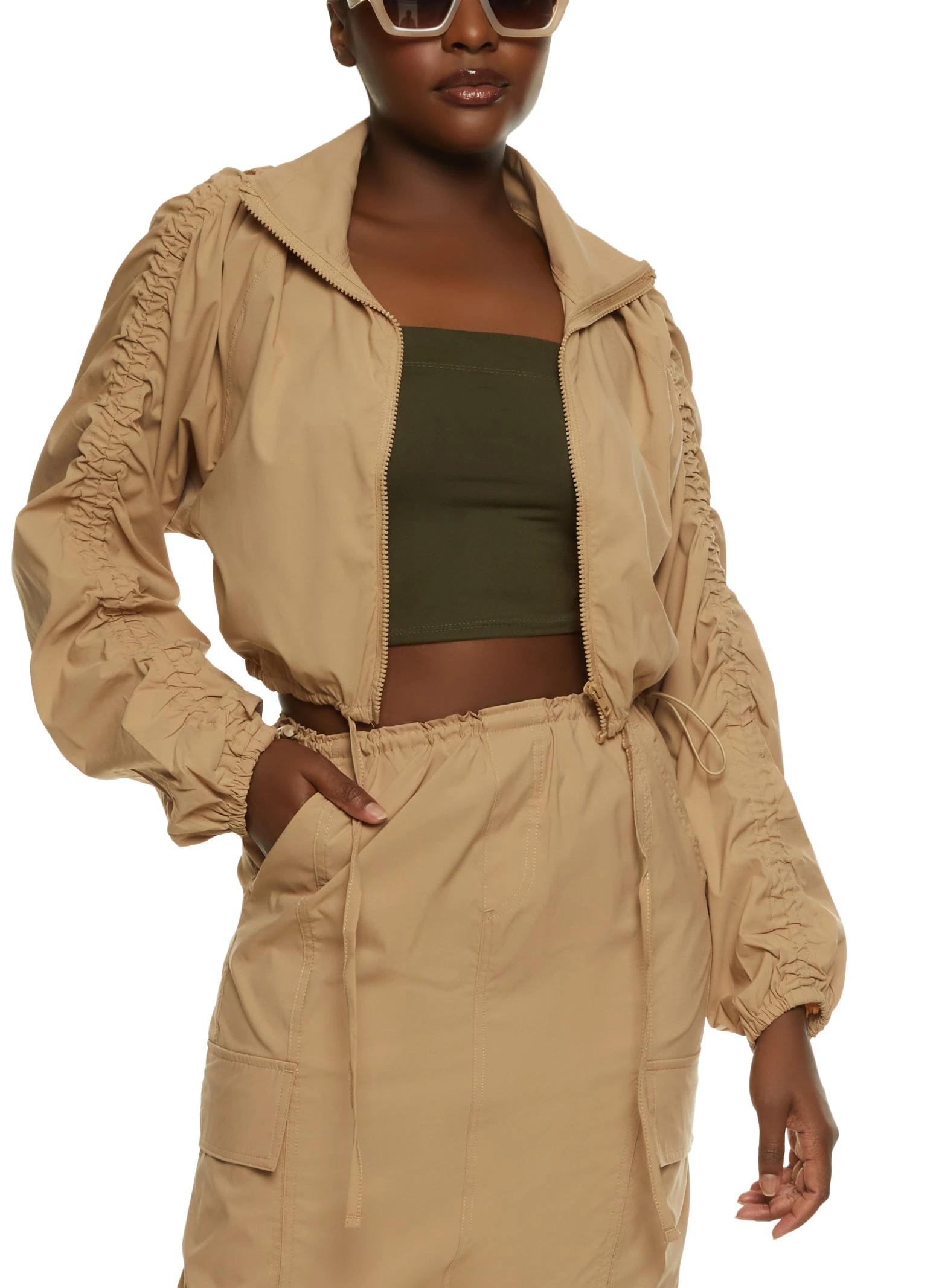 Nylon Zip Front Ruched Sleeve Track Jacket